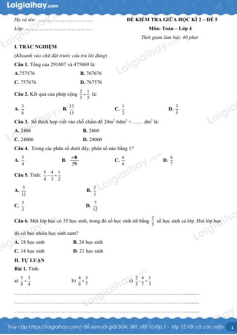 Đề số 5 - Đề kiểm tra giữa học kì 2 - Toán lớp 4